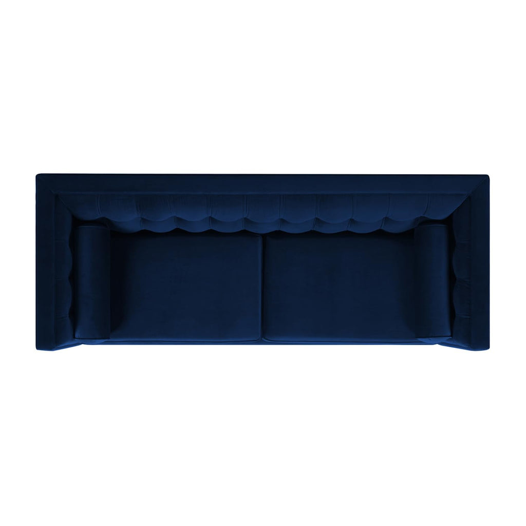84" Tufted Navy Blue Velvet Sofa with Two Reversible Cushions W9324