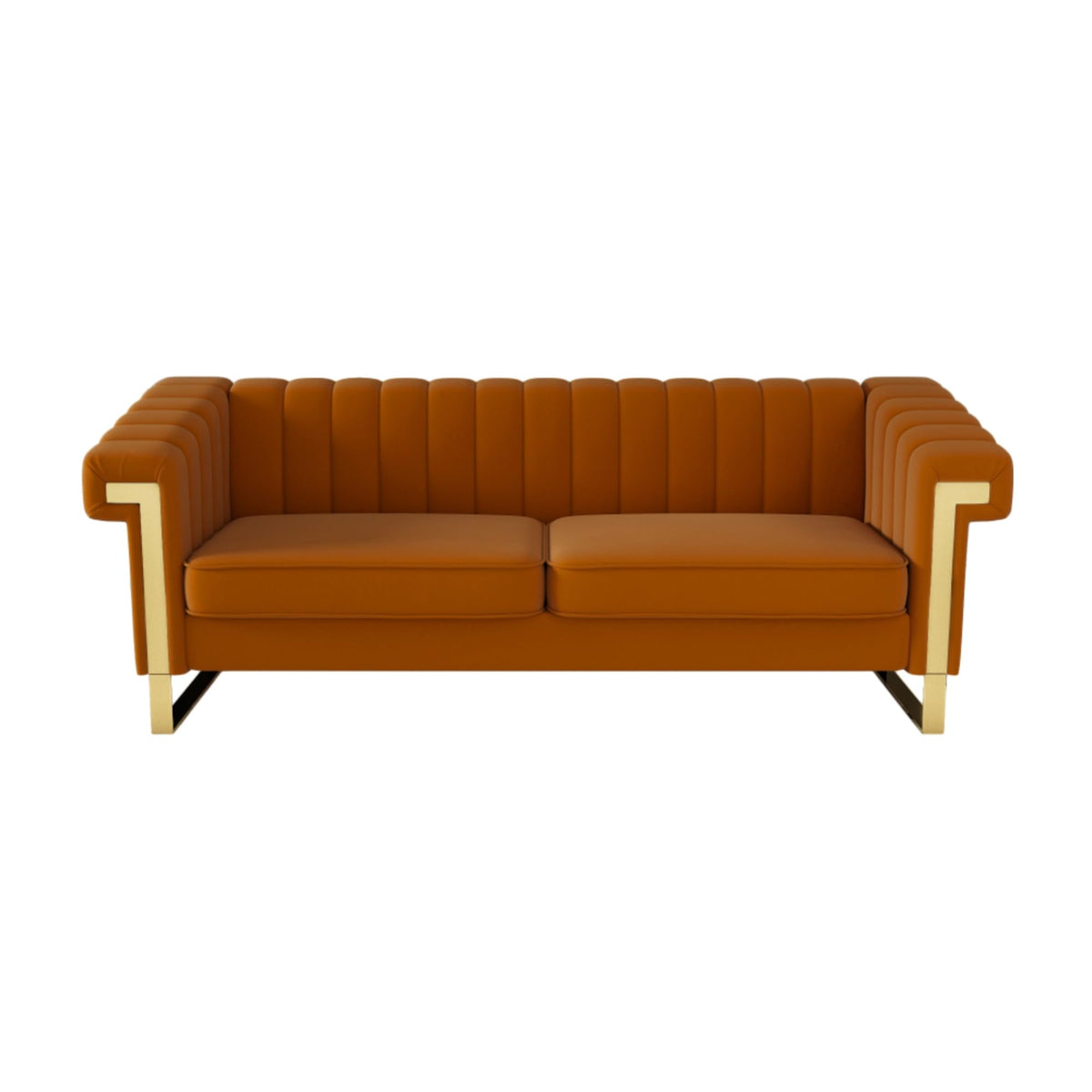 Orange Velvet Channel Tufted Sofa with Gold Metal Legs U3781