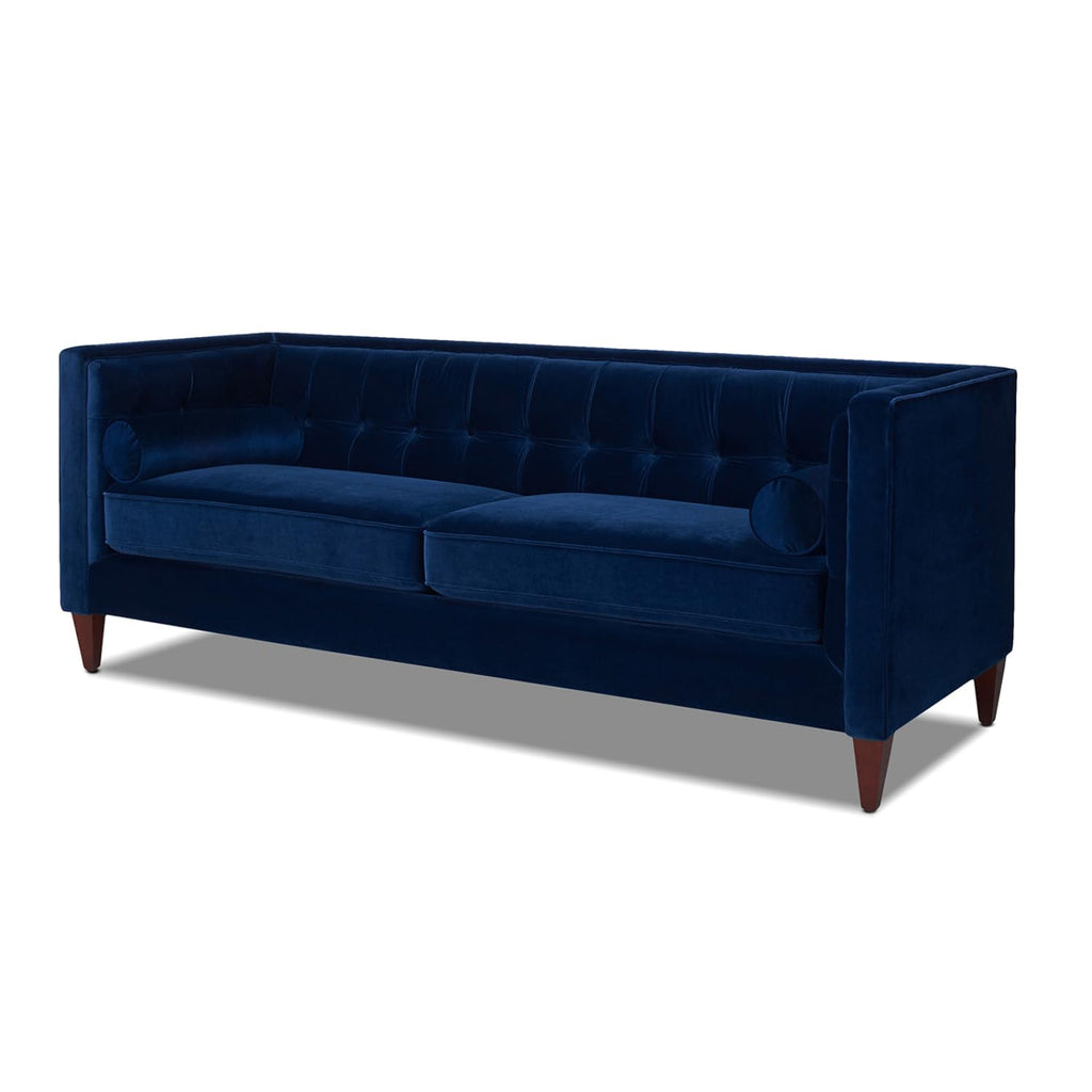 84" Tufted Navy Blue Velvet Sofa with Two Reversible Cushions W9324