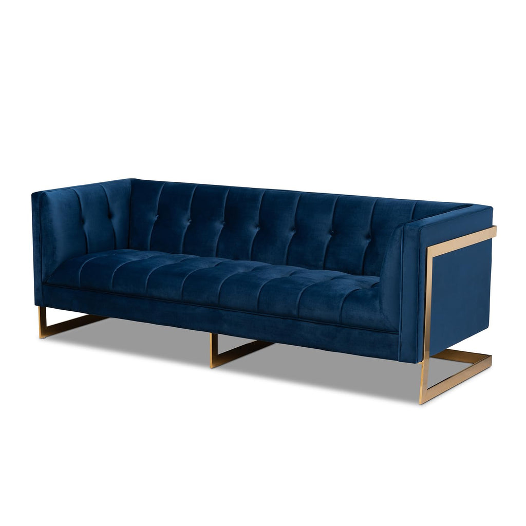 Navy Blue Velvet Button Tufted Gold Sofa B6751
