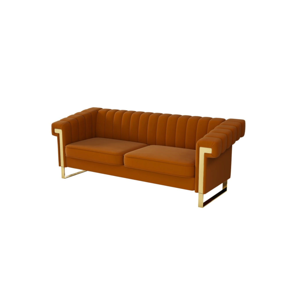 Orange Velvet Channel Tufted Sofa with Gold Metal Legs U3781