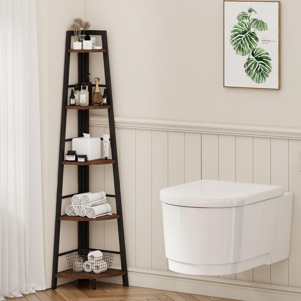 5-Tier Black Metal Wood Corner Bookshelf I635343
