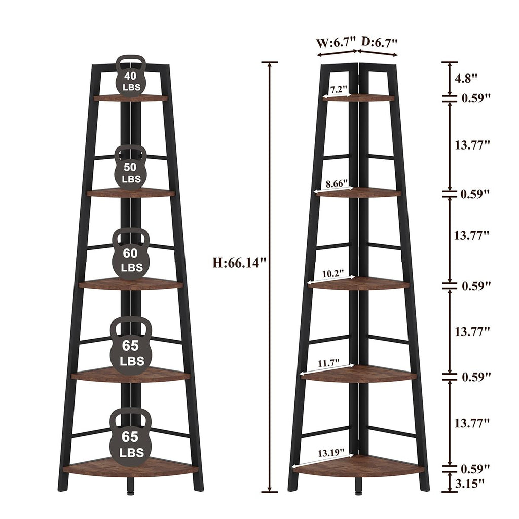 5-Tier Black Metal Wood Corner Bookshelf I635343