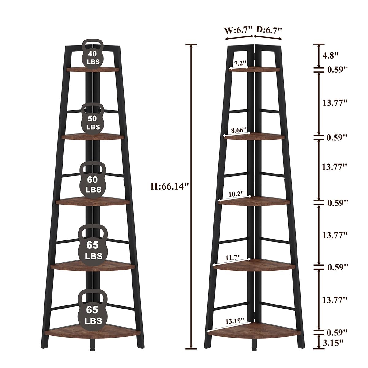 5-Tier Black Metal Wood Corner Bookshelf I635343