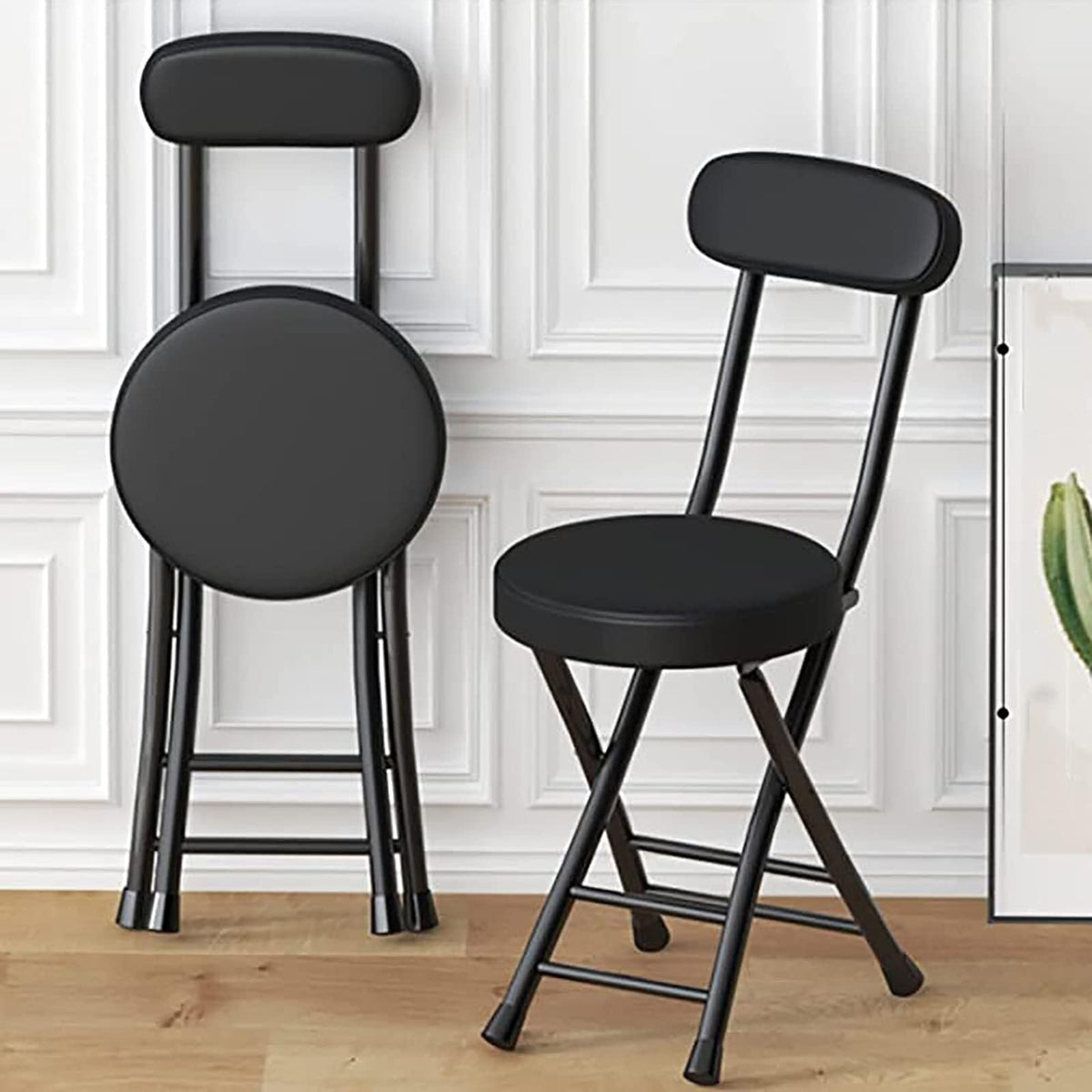 18 Inch Folding Stool with Backrest, Leather Padded Seat, Black B7764