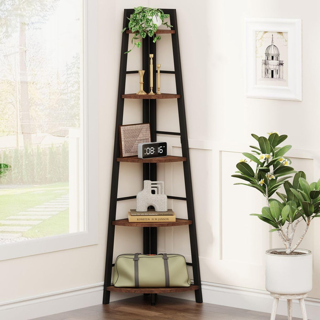 5-Tier Black Metal Wood Corner Bookshelf I635343