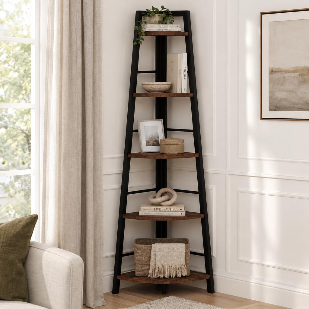 5-Tier Black Metal Wood Corner Bookshelf I635343
