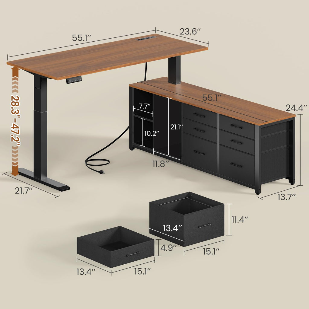 L Shaped Electric Standing Desk, 55" x 55" Height Adjustable Corner Office Desk with 6 Fabric Drawers and Storage Shelves, Stand up Home Office Desk with Power Outlet, Black and Brown S782