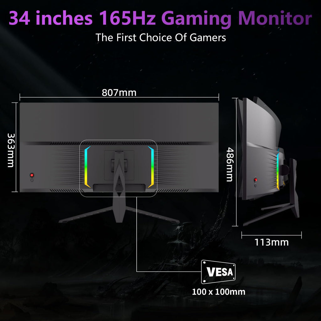 34 Inch Curved Ultra Wide WQHD Gaming Monitor 165Hz 1ms HDR400 V123130