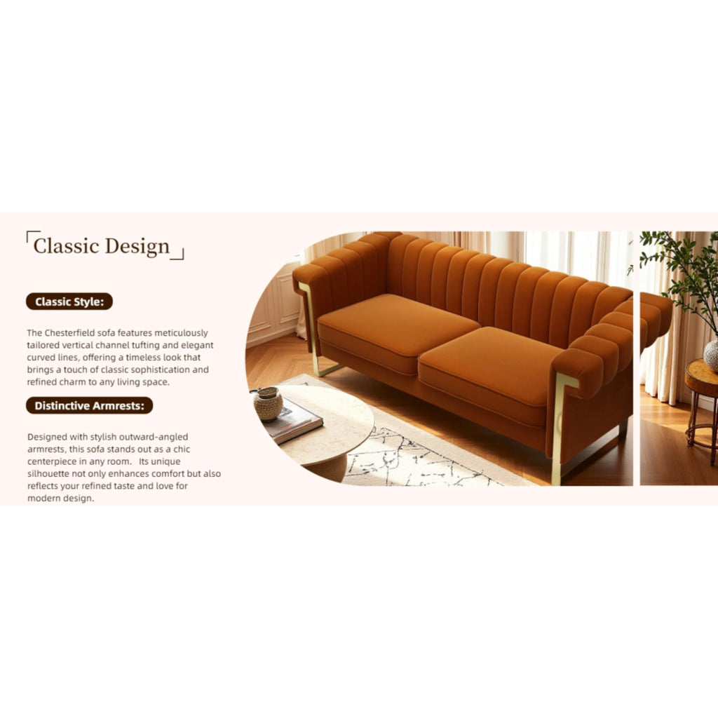 Orange Velvet Channel Tufted Sofa with Gold Metal Legs U3781