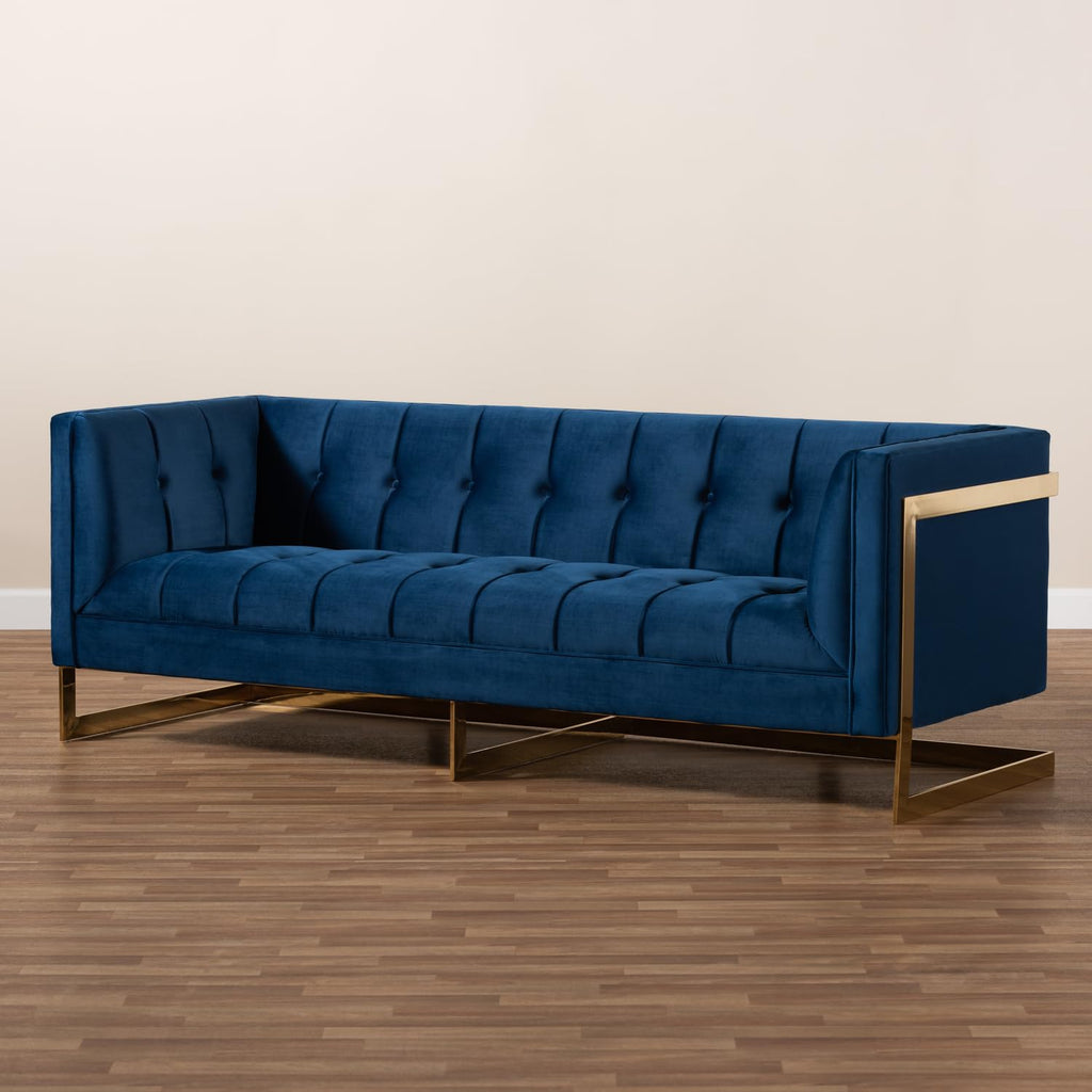Navy Blue Velvet Button Tufted Gold Sofa B6751
