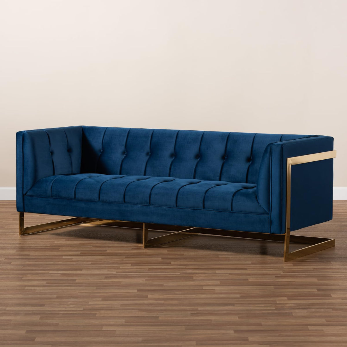 Navy Blue Velvet Button Tufted Gold Sofa B6751