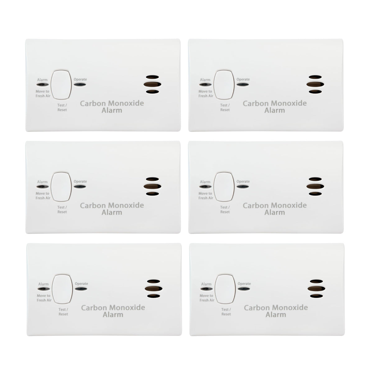 Carbon Monoxide Detector, AA Battery Powered, 85 dB Alarm, 6 Pack E290