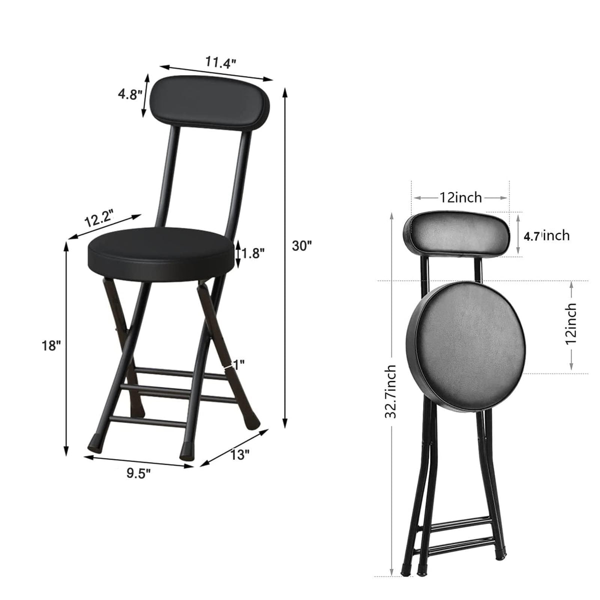 18 Inch Folding Stool with Backrest, Leather Padded Seat, Black B7764