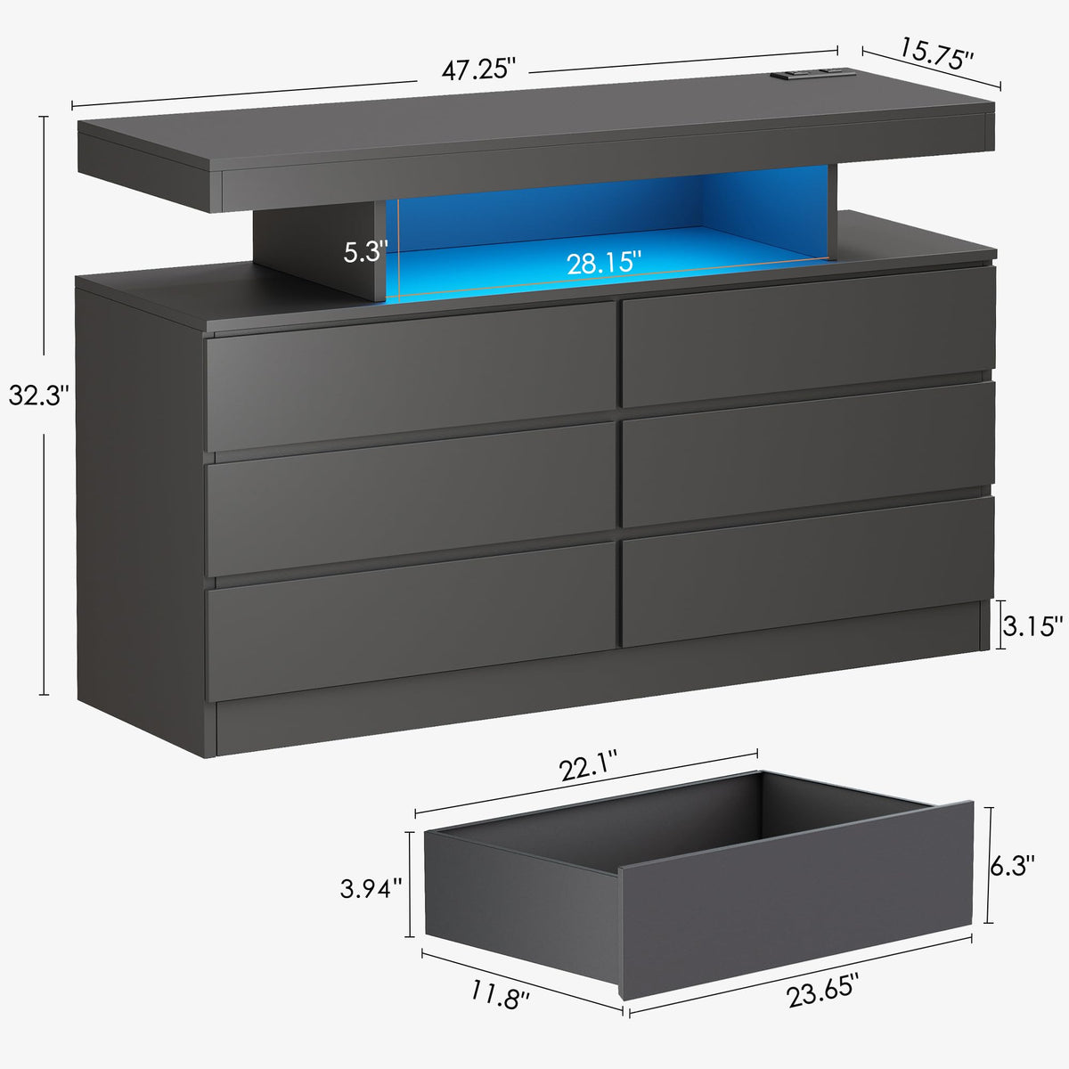 Black Dresser with Charging Station and LED Lights Y1490