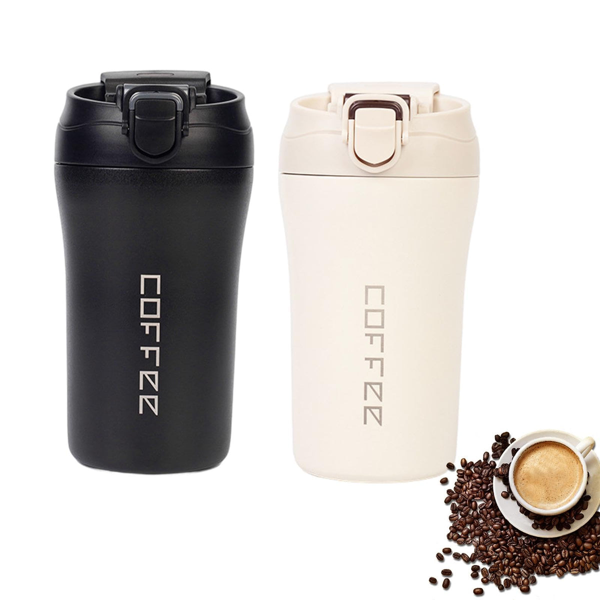 2-Pack 13.5oz Insulated Travel Coffee Mug Tumbler, Black and White Set O512