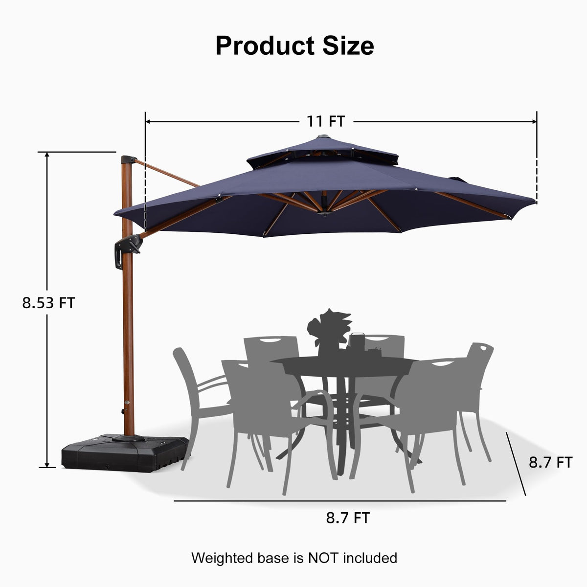 11ft Double Top Wood-Grain Finish Navy Blue Patio Umbrella S773227