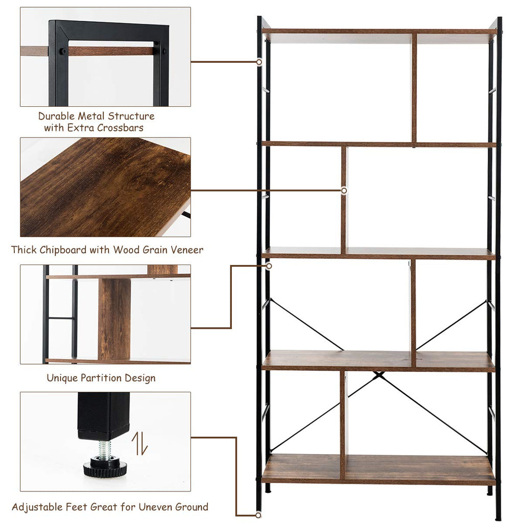 5-Tier Wood Bookshelf with Metal Frame N224056