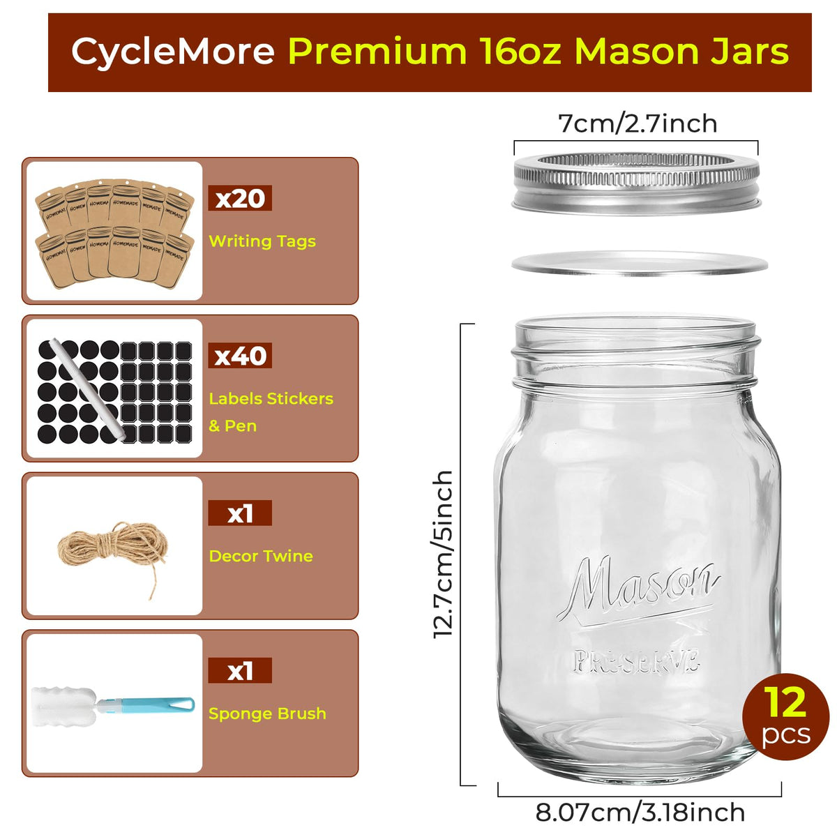 16oz 12 Pack Mason Jars with Airtight Lids U5647