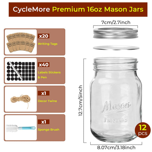 16oz 12 Pack Mason Jars with Airtight Lids U5647