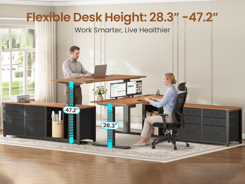 L Shaped Electric Standing Desk, 55" x 55" Height Adjustable Corner Office Desk with 6 Fabric Drawers and Storage Shelves, Stand up Home Office Desk with Power Outlet, Black and Brown S782