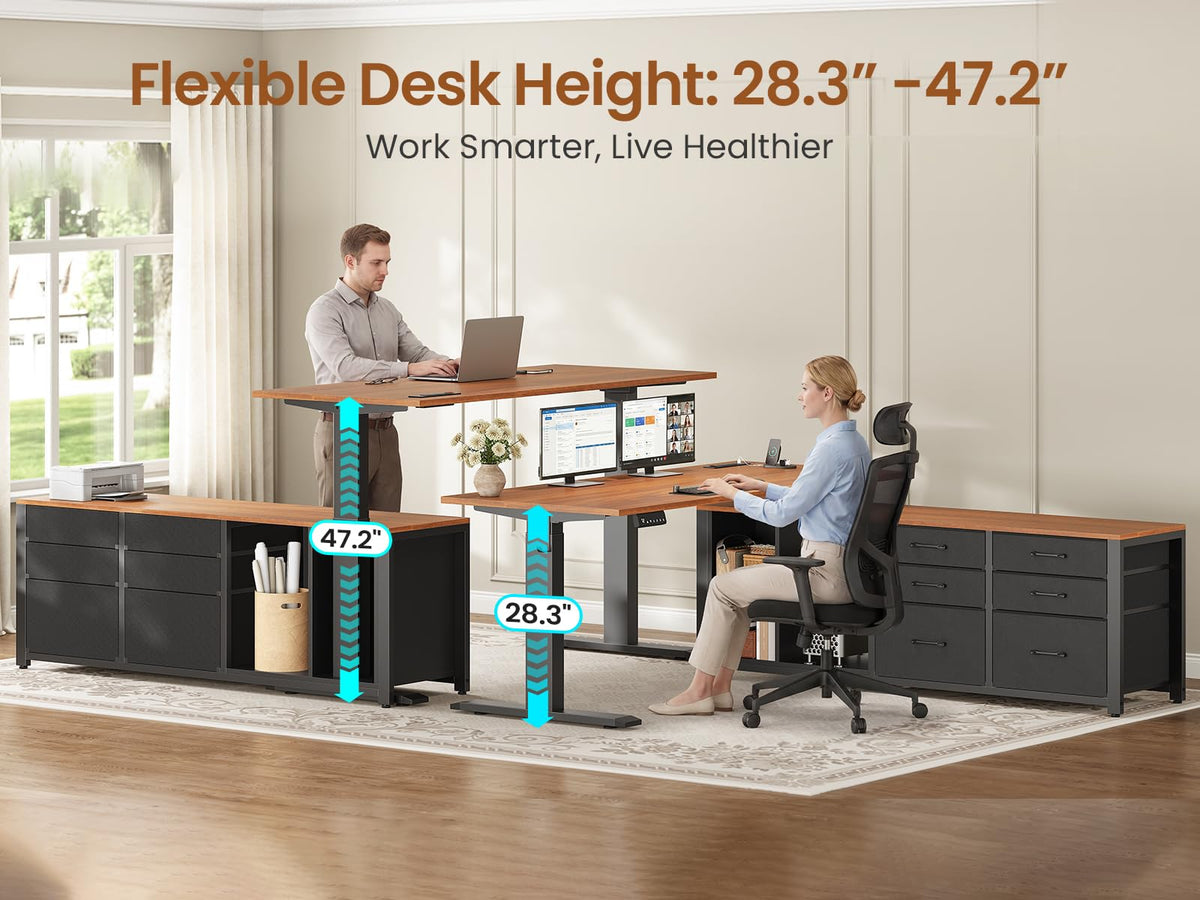 L Shaped Electric Standing Desk, 55" x 55" Height Adjustable Corner Office Desk with 6 Fabric Drawers and Storage Shelves, Stand up Home Office Desk with Power Outlet, Black and Brown S782
