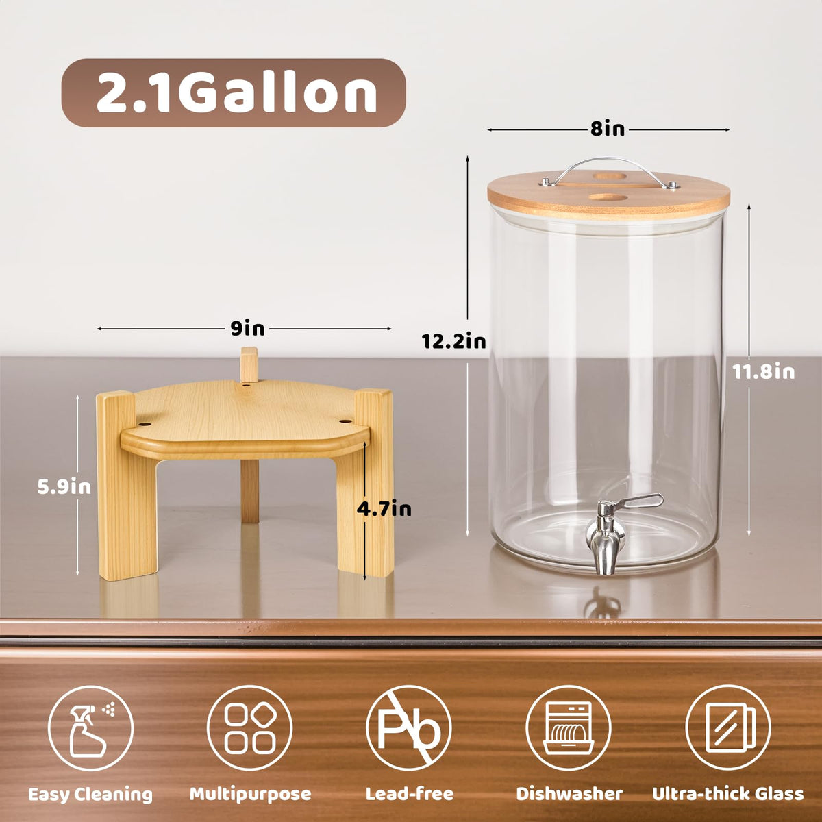 2.1 Gallon Glass Beverage Dispenser with Stand O5488
