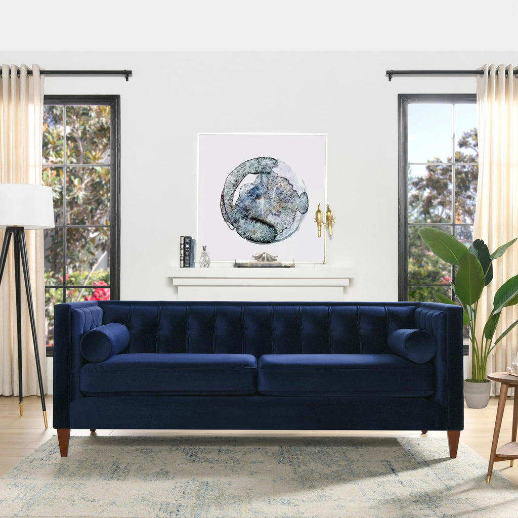 84" Tufted Navy Blue Velvet Sofa with Two Reversible Cushions W9324
