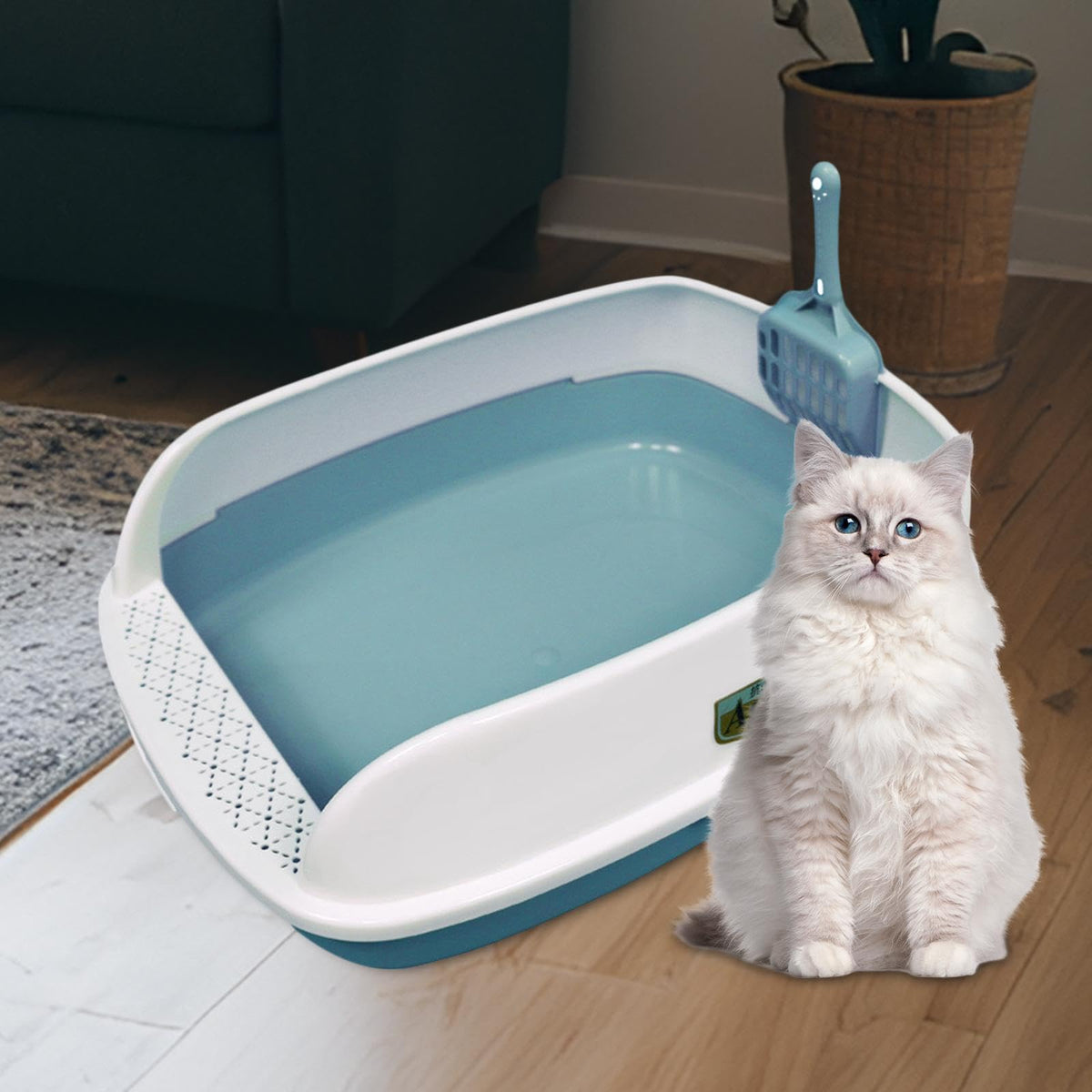 Blue High Sided Cat Litter Box with Scoop Z72272
