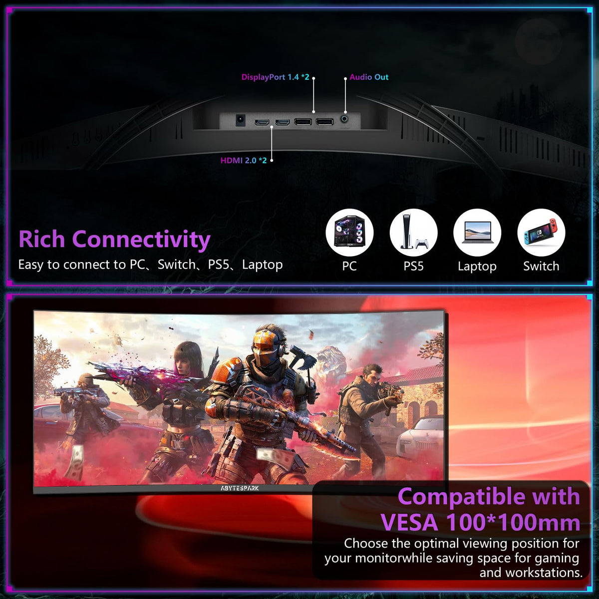 34 Inch Curved Ultra Wide WQHD Gaming Monitor 165Hz 1ms HDR400 V123130