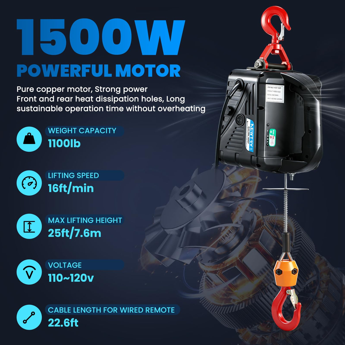 3-in-1 Electric Hoist Winch 1,100lbs 25ft Lifting Height G60523