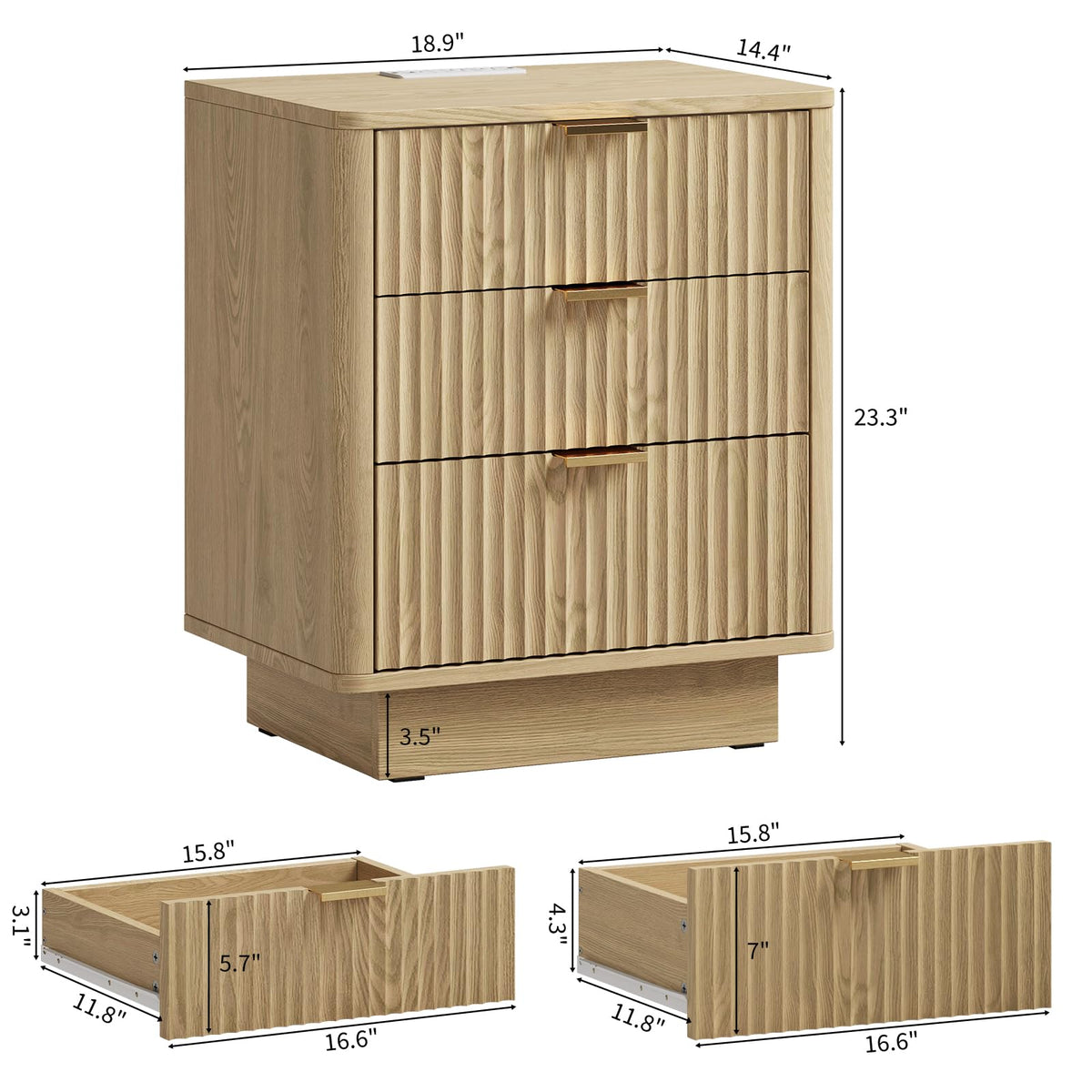 Natural 3 Drawer Nightstand with Charging Station E482451