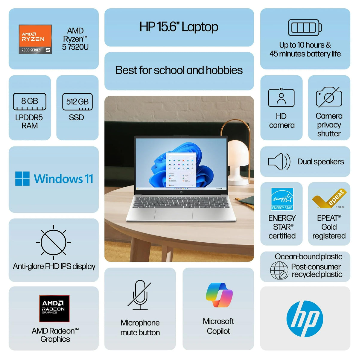 15.6 inch FHD IPS Windows Laptop AMD Ryzen 5 8GB RAM 512GB SSD Natural Silver H875041