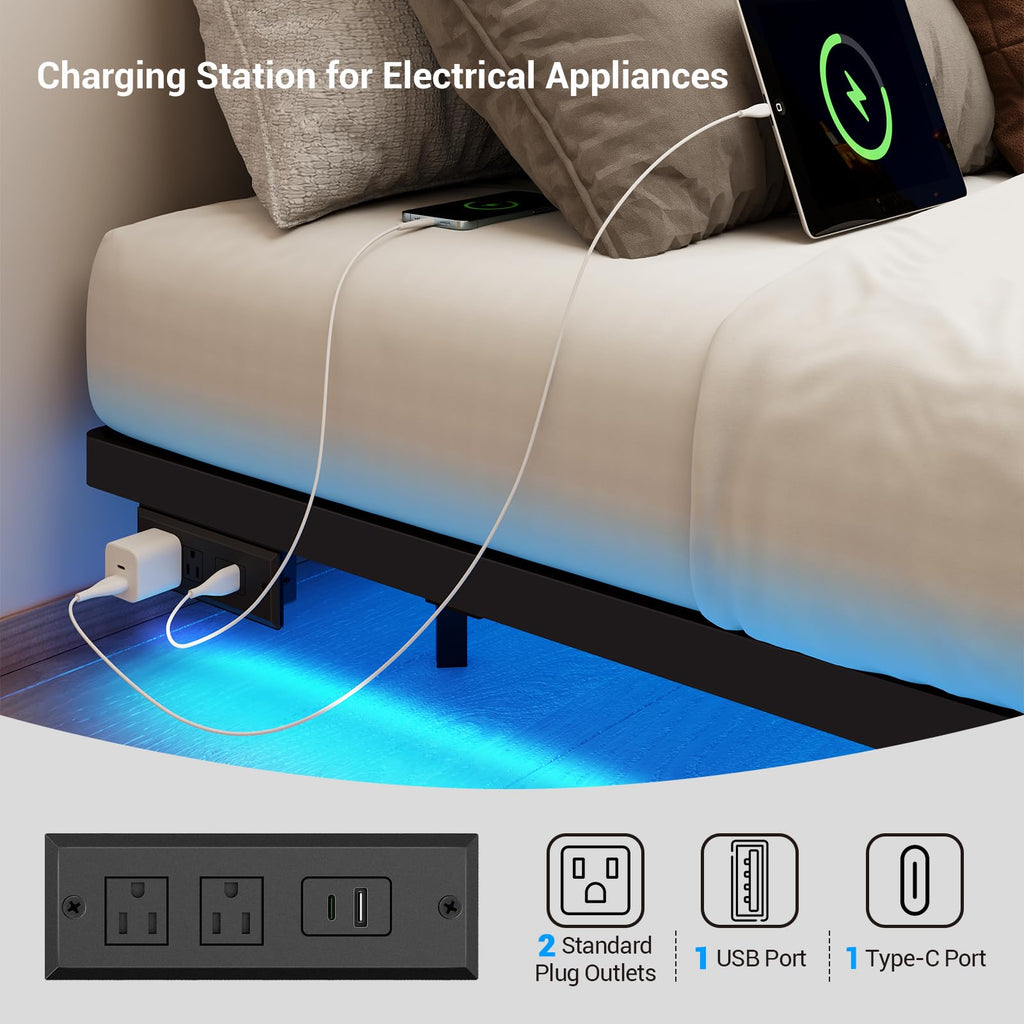 Full Size Metal Platform Bed Frame with LED Lights & Charging Station J144
