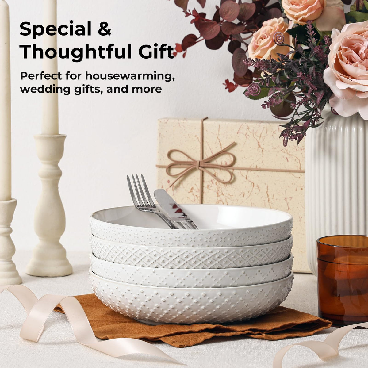 8.5" Ceramic Pasta Bowls Set of 4, 30 oz Soft White S5143