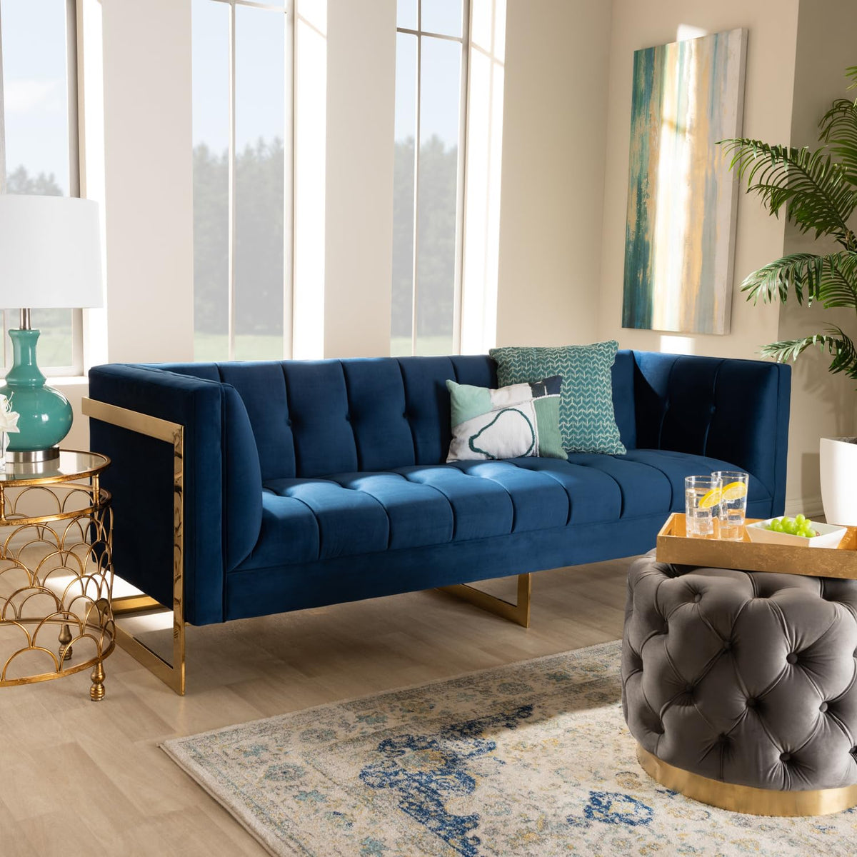 Navy Blue Velvet Button Tufted Gold Sofa B6751