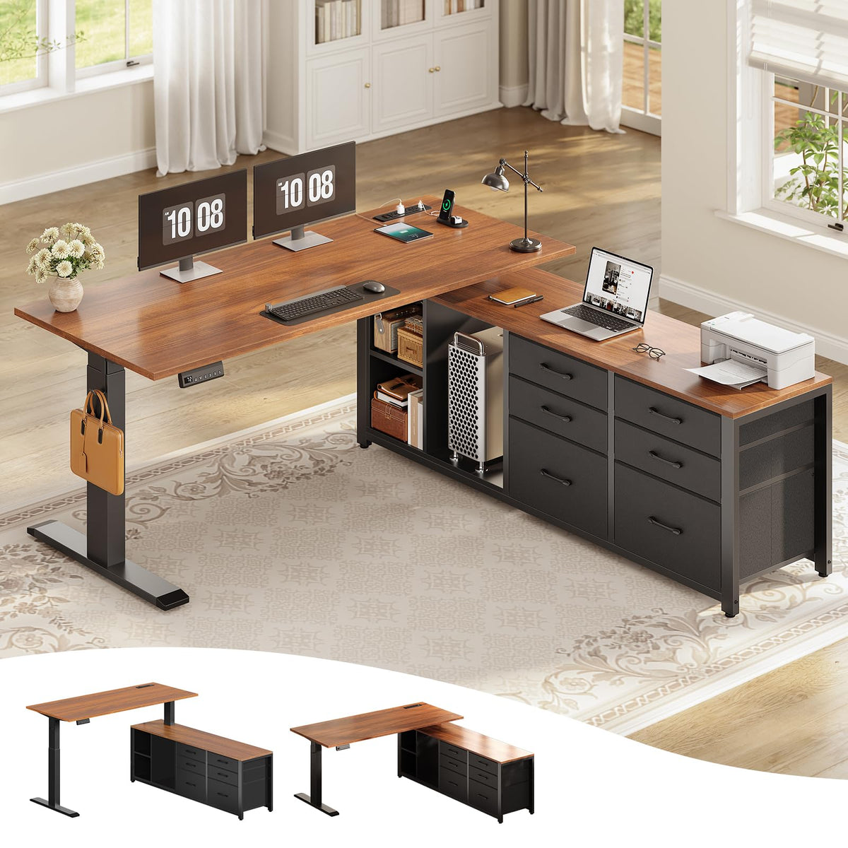 L Shaped Electric Standing Desk, 55" x 55" Height Adjustable Corner Office Desk with 6 Fabric Drawers and Storage Shelves, Stand up Home Office Desk with Power Outlet, Black and Brown S782