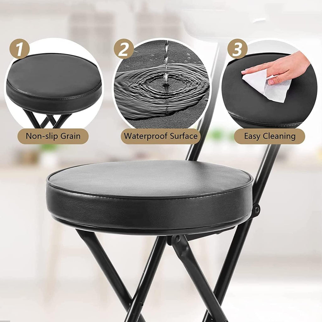 18 Inch Folding Stool with Backrest, Leather Padded Seat, Black B7764