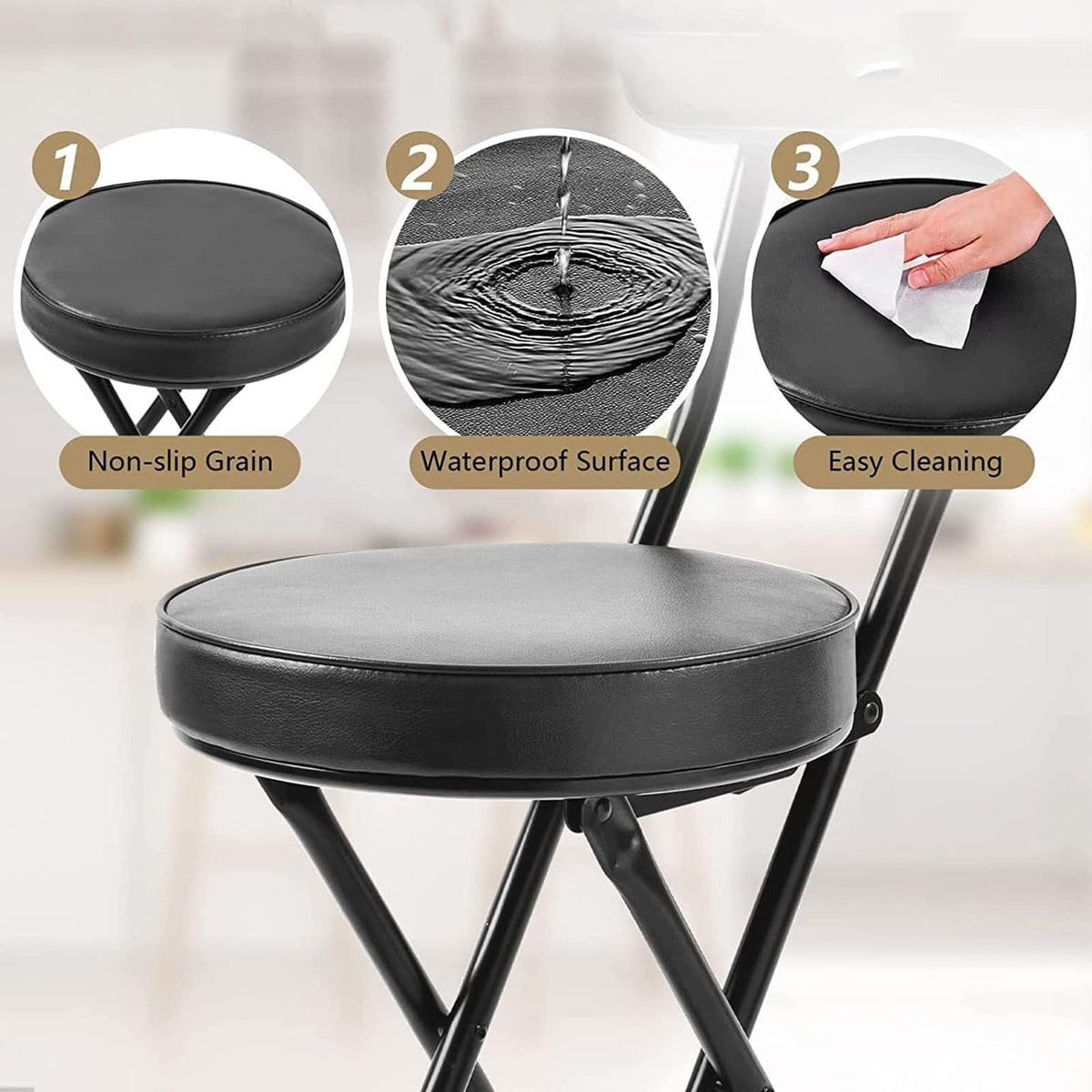 18 Inch Folding Stool with Backrest, Leather Padded Seat, Black B7764