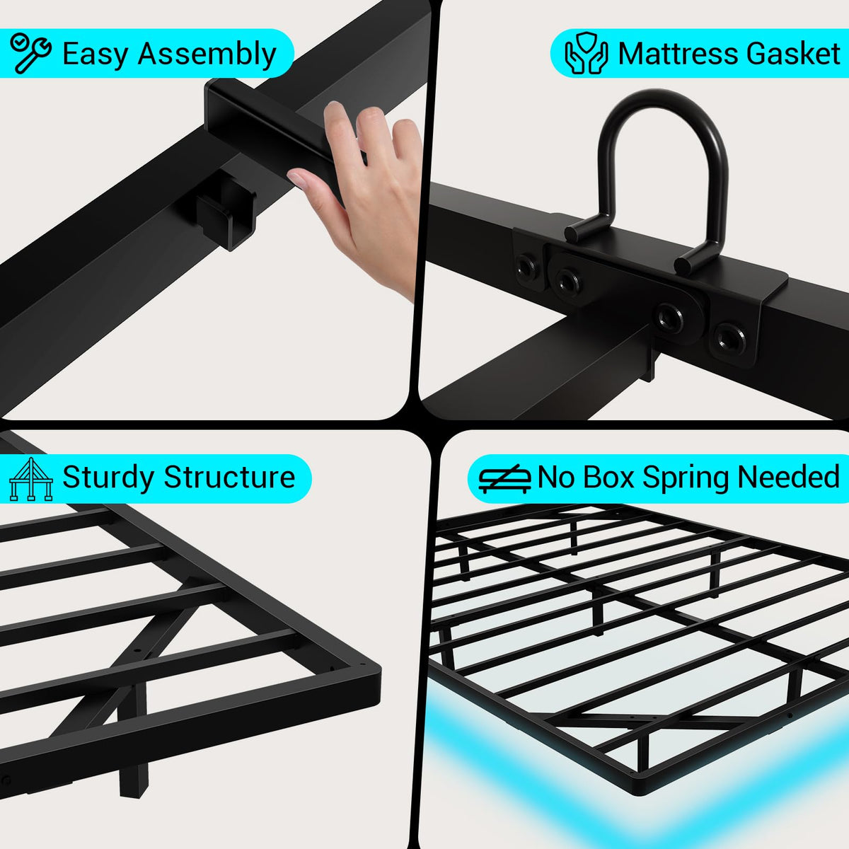 Full Size Metal Platform Bed Frame with LED Lights & Charging Station J144