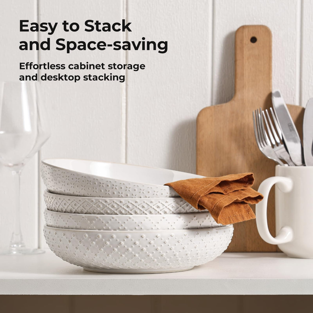 8.5" Ceramic Pasta Bowls Set of 4, 30 oz Soft White S5143