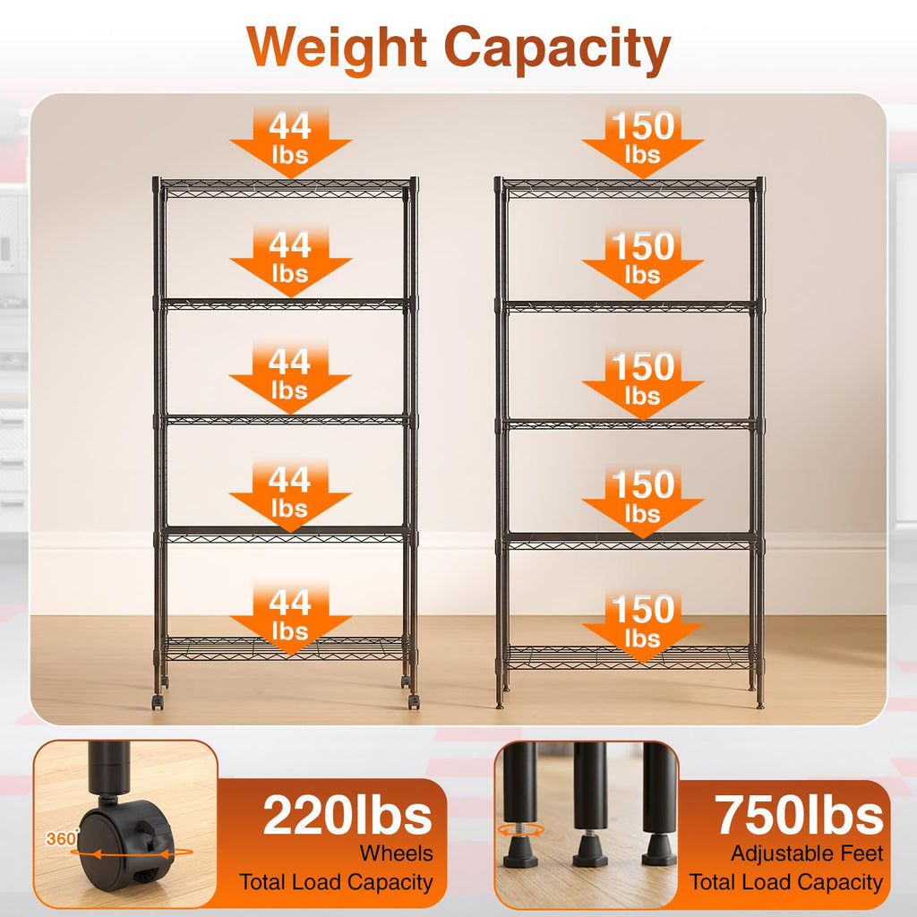 5-Tier Wire Shelf with Wheels P50010