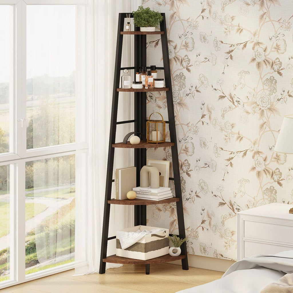5-Tier Black Metal Wood Corner Bookshelf I635343