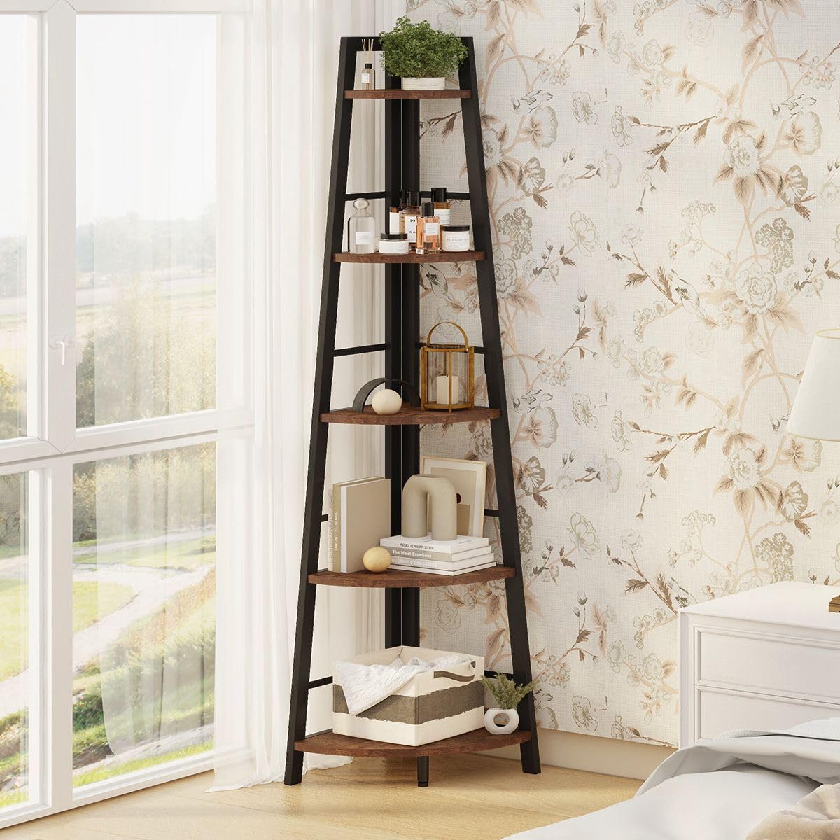 5-Tier Black Metal Wood Corner Bookshelf I635343