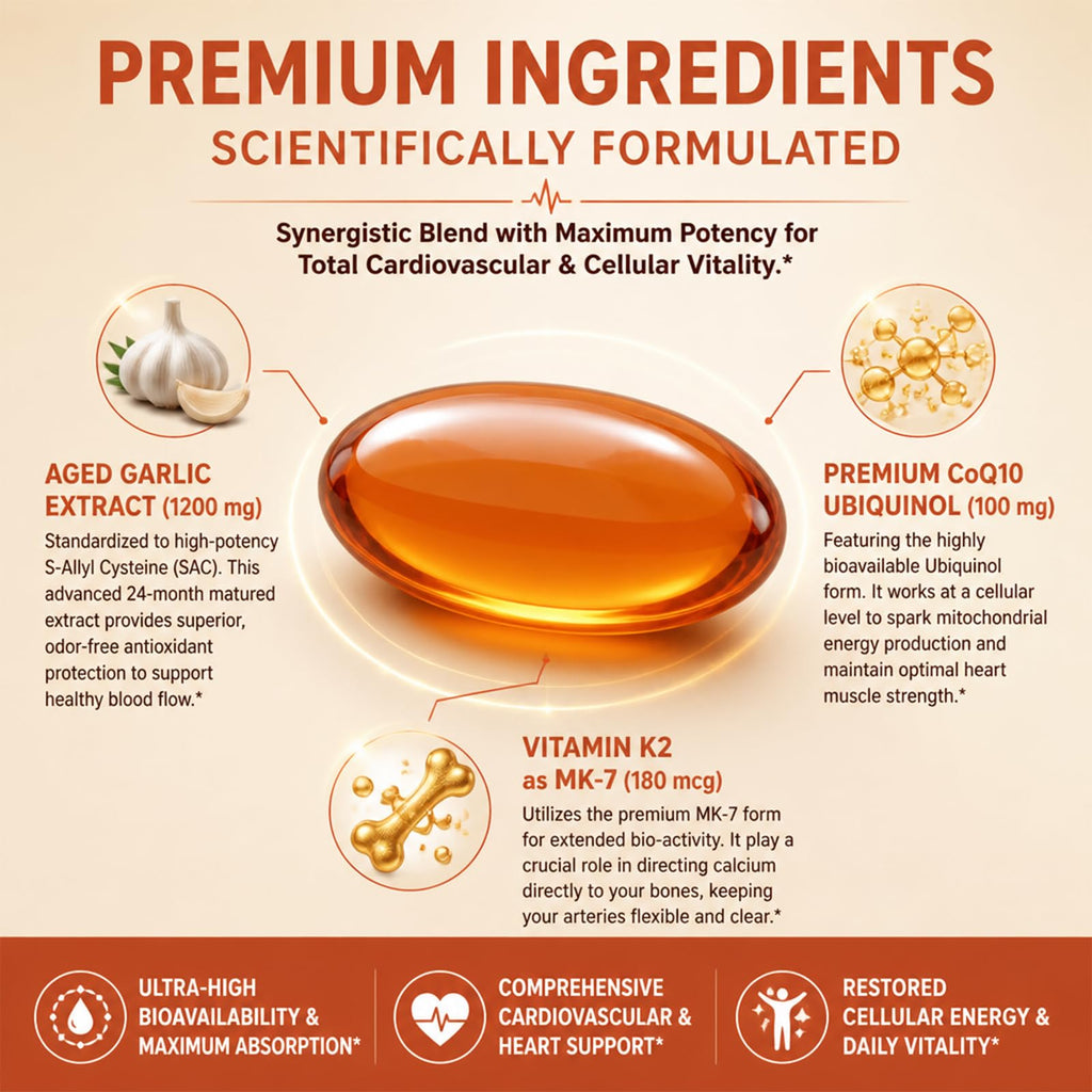 Aged Garlic Extract 1200 mg Softgels with CoQ10 Ubiquinol & Vitamin K2 180 Counts Y709