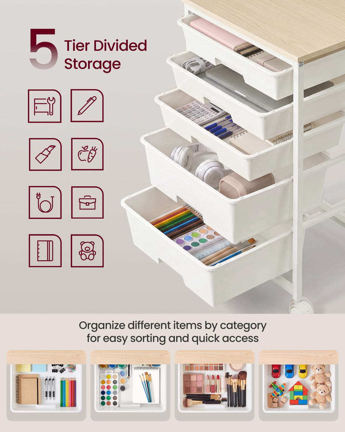 White 5 Drawers Rolling Cart Z142
