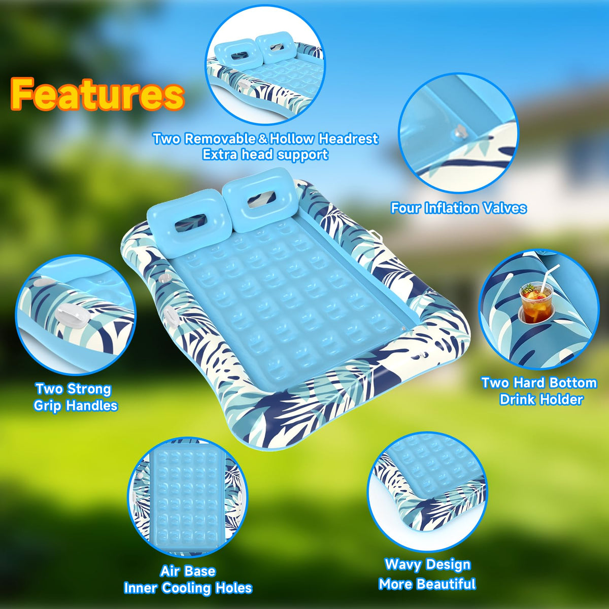 75"x64" XXL Inflatable Tanning Pool Lounger Float with Pillow Blue X667851