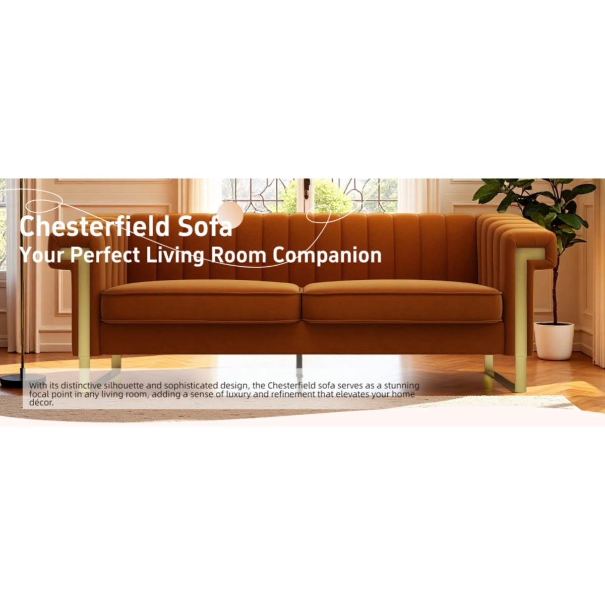 Orange Velvet Channel Tufted Sofa with Gold Metal Legs U3781