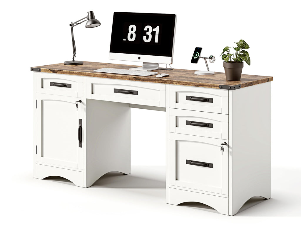 White Wood Executive Desk with Drawers and File Cabinet D1476
