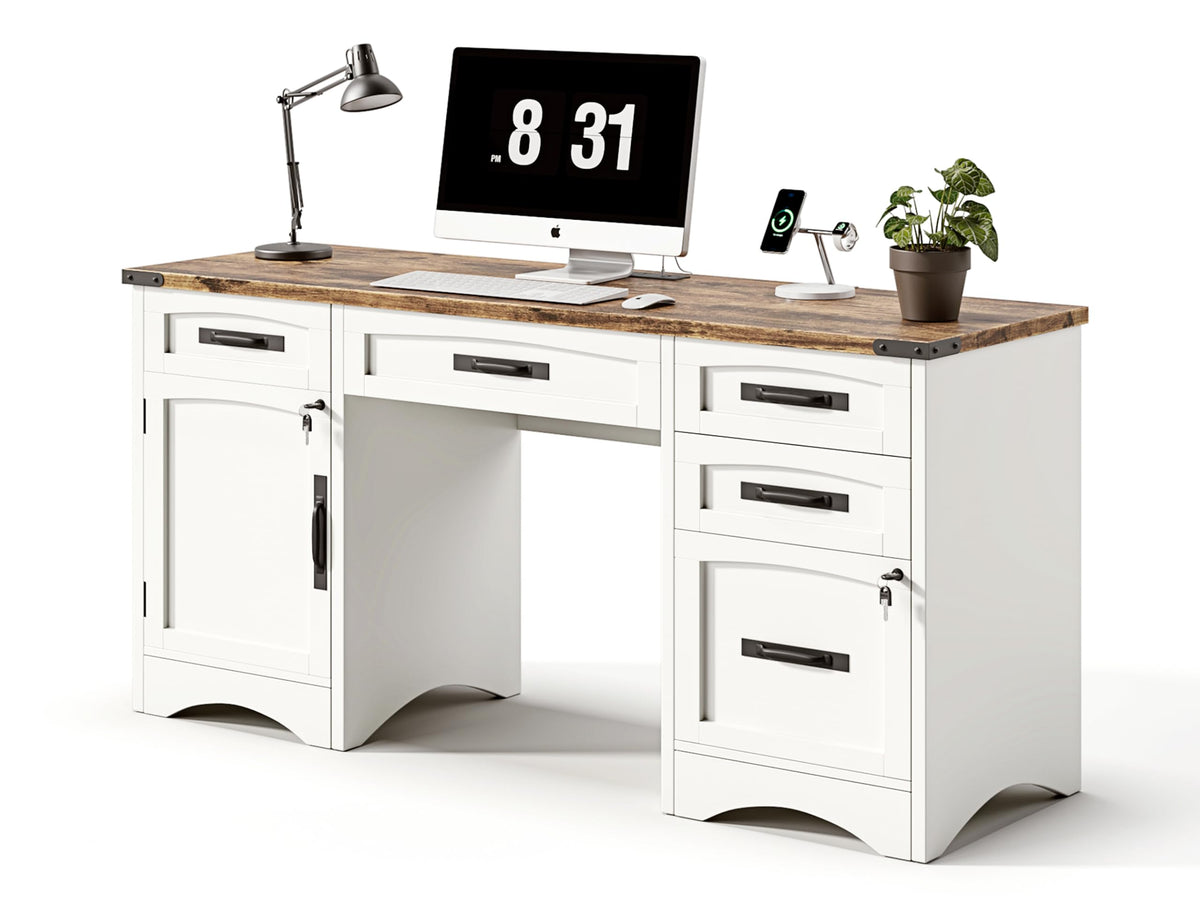 White Wood Executive Desk with Drawers and File Cabinet D1476